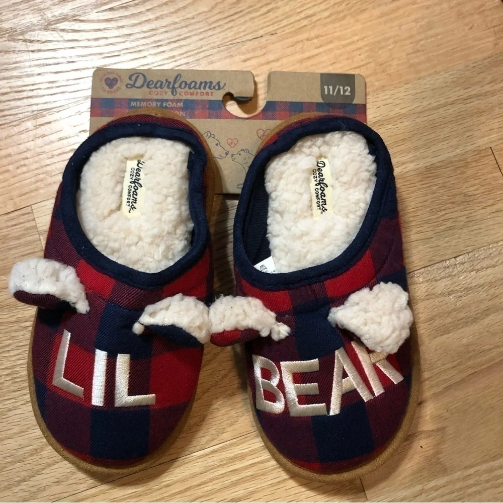 Lil Bear Buffalo Plaid Slippers NEW 11/12 Kids Matching Family Red Blue